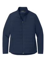 Navy blue quilted jacket with a center zipper and stand collar, featuring side pockets.