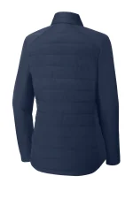 Back view of a navy blue quilted puffer jacket with a stand-up collar.