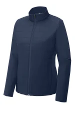 Navy blue quilted jacket with stand-up collar and full-length zipper, front pockets visible on the sides.