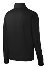 Back view of a plain black jacket with a standing collar and ribbed cuffs