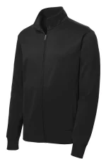 Black zip-front jacket with stand collar and side pockets on a white background.