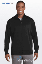 Smiling man wearing a black full-zip jacket (Sport-Tek) against a light gradient background; 'Hide Clothing' logo at bottom.