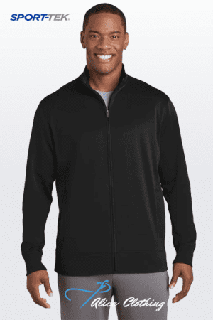 Smiling man wearing a black full-zip jacket (Sport-Tek) against a light gradient background; 'Hide Clothing' logo at bottom.