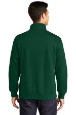 Back view of a man wearing a dark green sweatshirt and blue jeans.