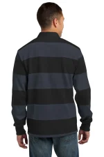 Man seen from behind wearing a long-sleeve polo with wide black and navy horizontal stripes, jeans visible at the bottom.