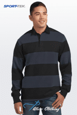 Smiling man modeling a navy and charcoal striped long-sleeve polo shirt; brand logos Sport-Tek top-left and Aide Clothing watermark.