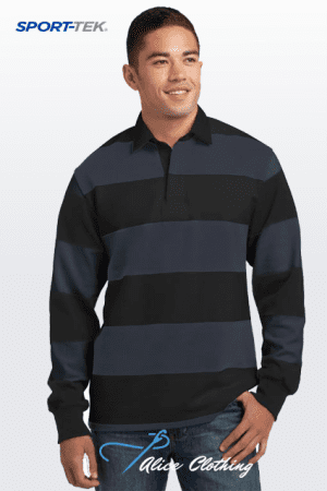 Smiling man modeling a navy and charcoal striped long-sleeve polo shirt; brand logos Sport-Tek top-left and Aide Clothing watermark.