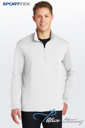 Male model wearing a light gray quarter-zip pullover against a pale backdrop with SPORT-TEK branding in the corner.