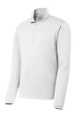 White quarter-zip fleece pullover with a stand-up collar and long sleeves