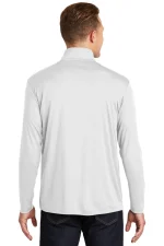 Man seen from behind wearing a white long-sleeve polo shirt and dark jeans.