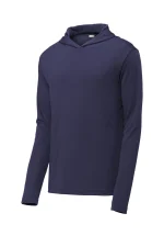 Navy blue hooded long-sleeve shirt displayed against a white background, plain design.