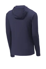 Back view of a navy blue hooded sweatshirt with long sleeves and no visible logos
