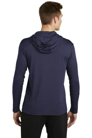 Back view of a person wearing a navy hooded long-sleeve shirt.