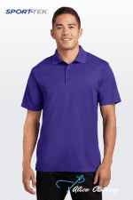 Man in a purple polo shirt smiling, with Sport-Tek branding in the top-left and Alice Clothing watermark bottom-right.