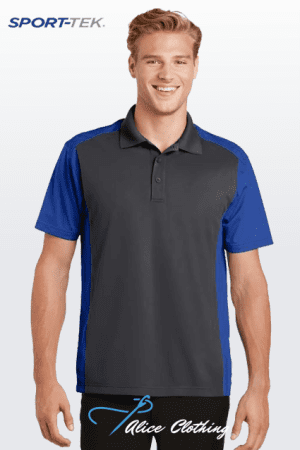 Young man in a dark gray polo with royal blue sleeves, smiling; SPORT-TEK logo in the top-left and Alice Clothing watermark at the bottom.