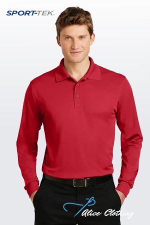 Male model wearing a red polo shirt from Alice Clothing with SPORT-TEK logo in the corner.",