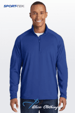 Smiling man wearing a royal-blue long-sleeve quarter-zip athletic top; SPORT-TEK logo at top left and Nice Clothing branding at bottom.