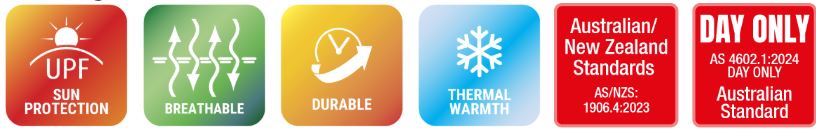 Row of six feature badges: UPF sun protection, breathable fabric, durable finish, thermal warmth, meets Australian/New Zealand Standards, and day-only use.
