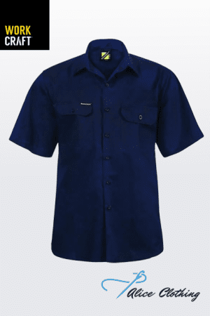 Navy blue short-sleeve work shirt with two chest pockets and button-front closure; visible branding on chest pocket and background logos present.