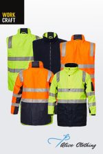 Collection of neon yellow/green and orange high-visibility jackets with reflective stripes, arranged for display with Alice Clothing branding visible.