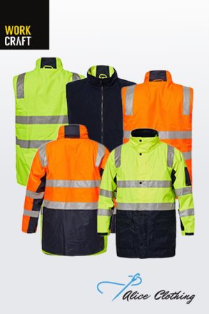 Collection of neon yellow/green and orange high-visibility jackets with reflective stripes, arranged for display with Alice Clothing branding visible.