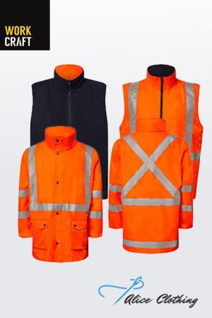 Hi-visibility orange work jackets and vests with reflective stripes, displayed for sale with Work Craft and Alice Clothing logos.