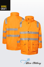 Two neon orange high-visibility jackets with silver reflective stripes; front view shows pockets and placket, back view shows shoulder and waist bands; logos for Work Craft and Alice Clothing visible.