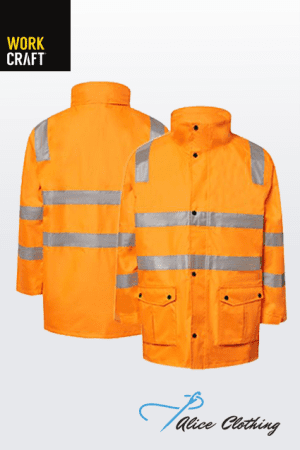 Two neon orange high-visibility jackets with silver reflective stripes; front view shows pockets and placket, back view shows shoulder and waist bands; logos for Work Craft and Alice Clothing visible.